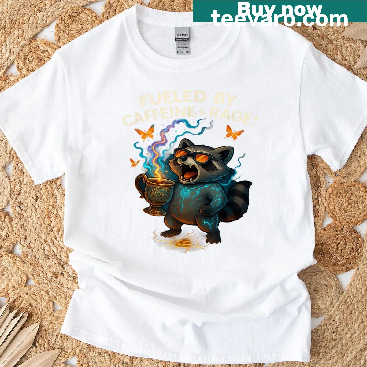 Funny raccoon graphic with coffee theme on T-shirt — on a men's t-shirt