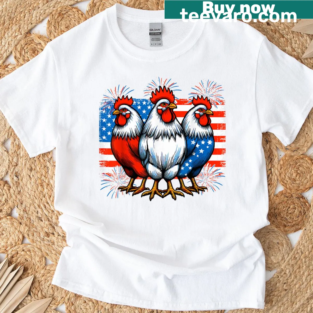 Patriotic chickens graphic T-shirt — on a men's t-shirt