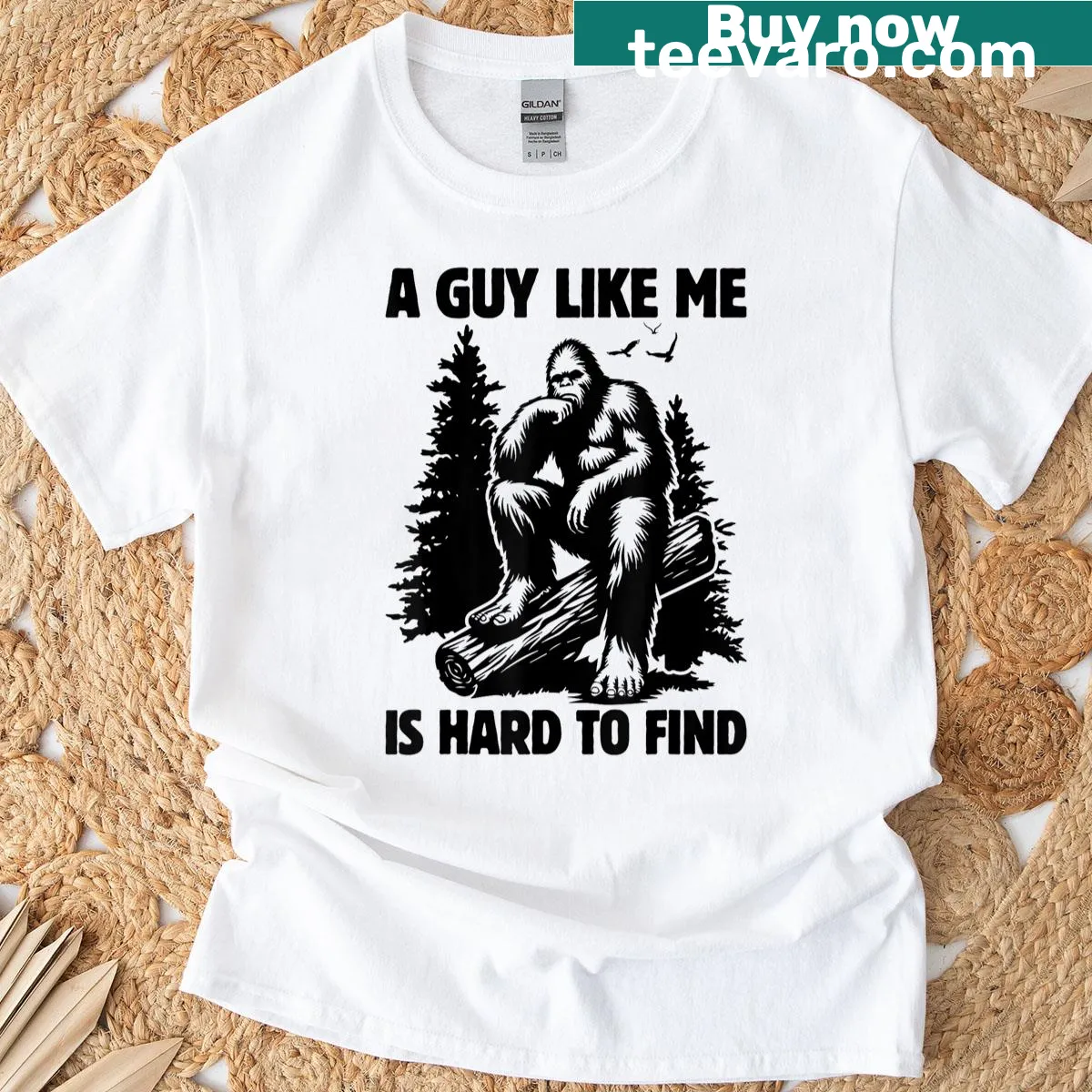 Sarcastic t-shirt featuring a humorous phrase about Bigfoot — on a men's t-shirt