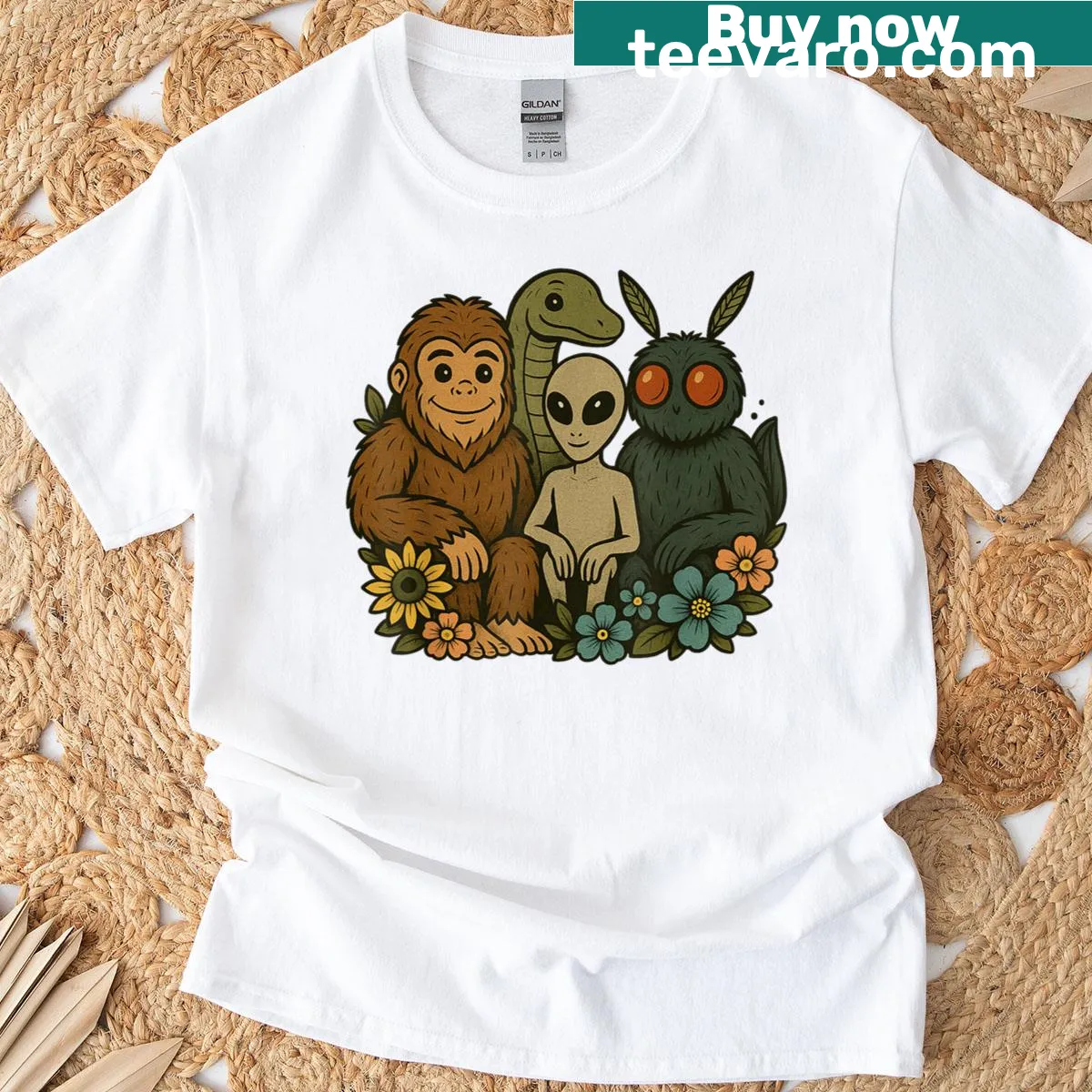 Cryptids graphic T-shirt featuring Bigfoot and more — on a men's t-shirt