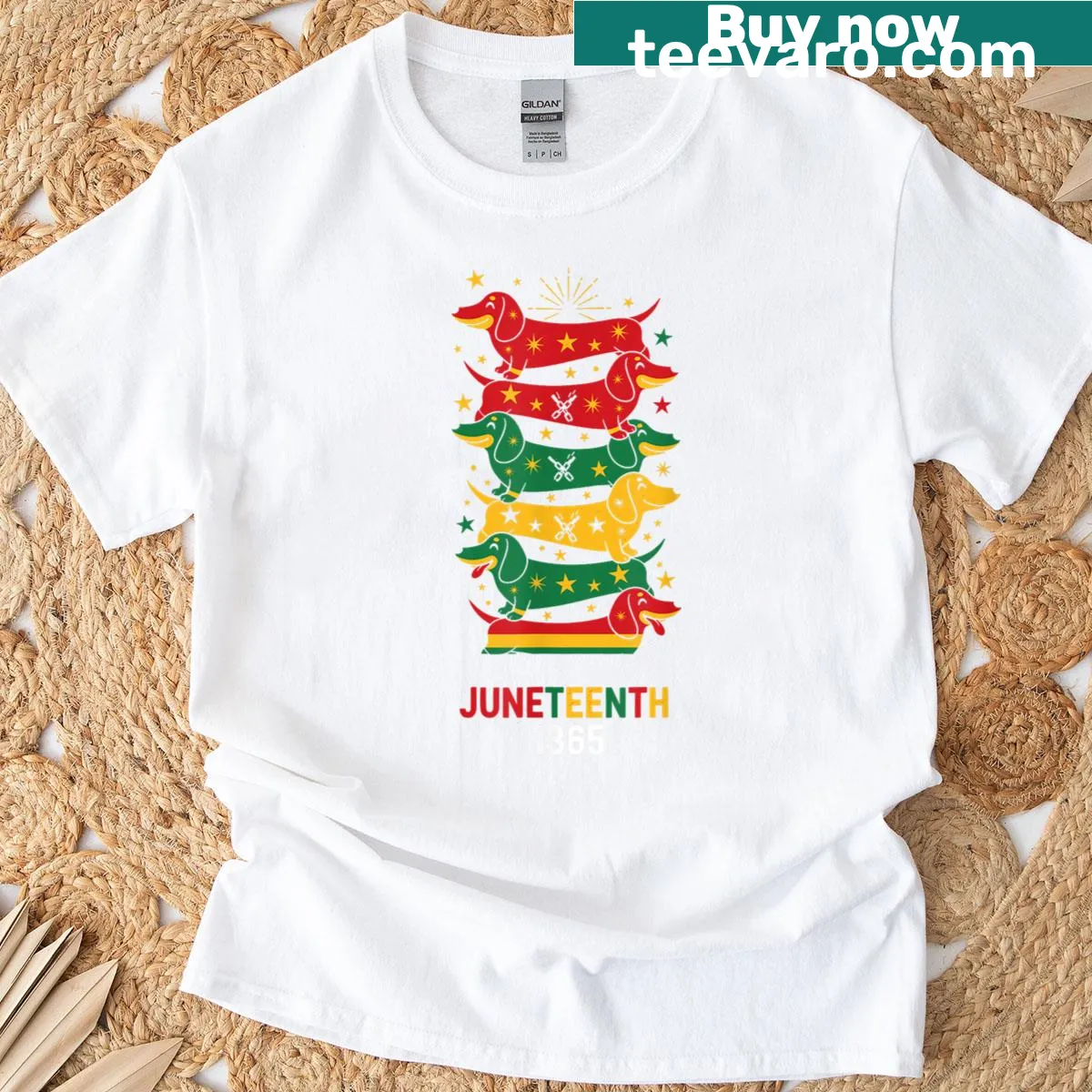 Dachshund illustration with Pan African flag design for Juneteenth — on a men's t-shirt