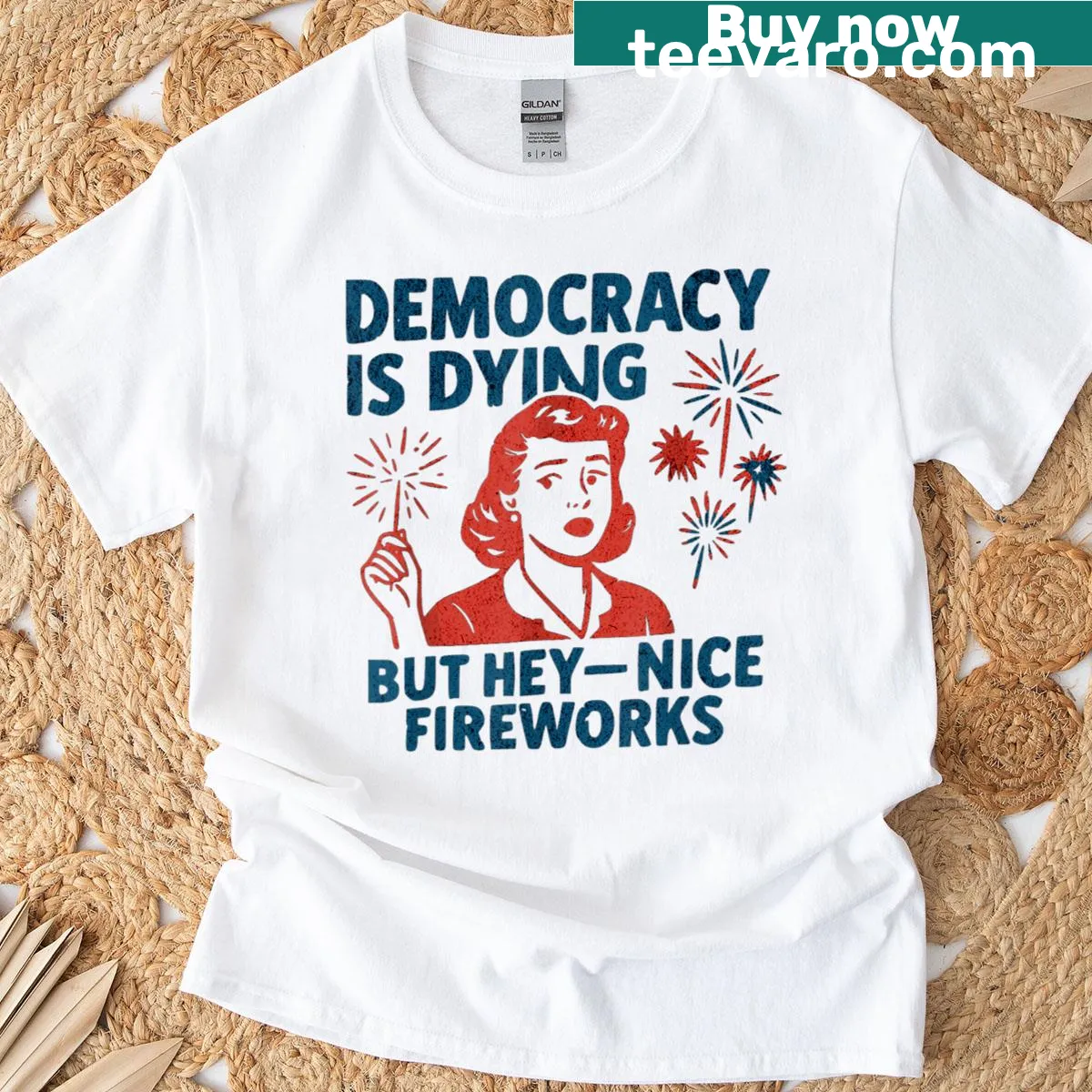 Sarcastic Fourth of July T-shirt with fireworks and text — on a men's t-shirt