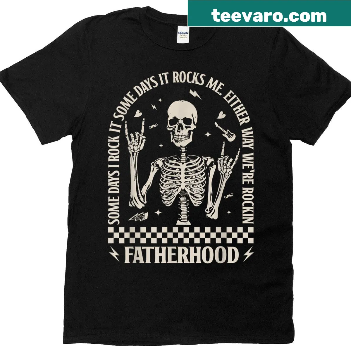 Vintage-style shirt featuring a skeleton rocking out with 'Dad Life' text — on a men's t-shirt