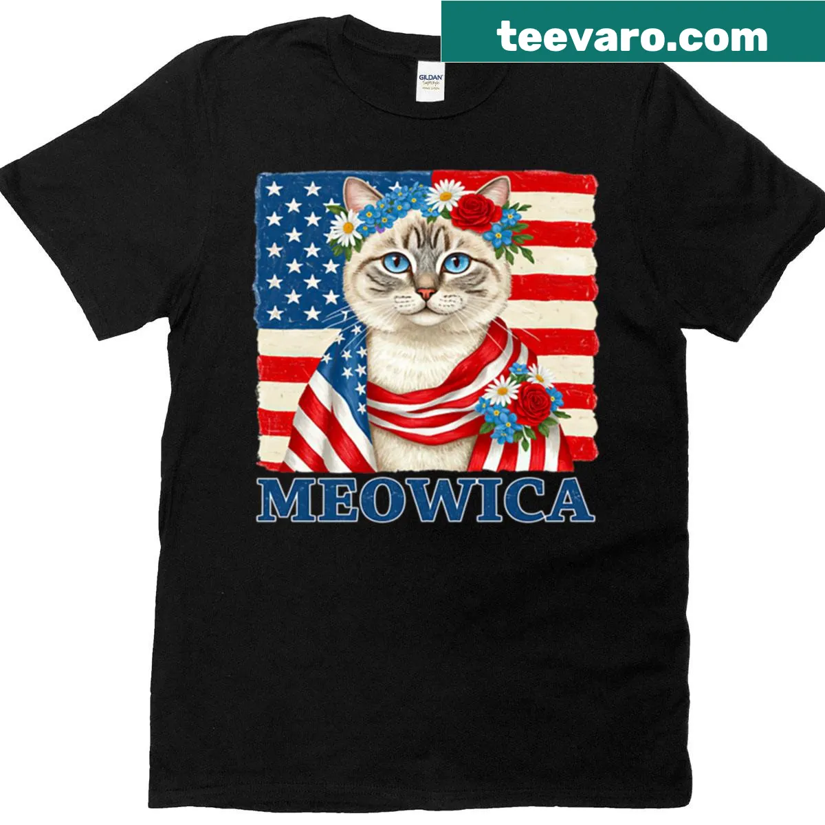 Humorous cat graphic combined with an American flag on a t-shirt — on a men's t-shirt