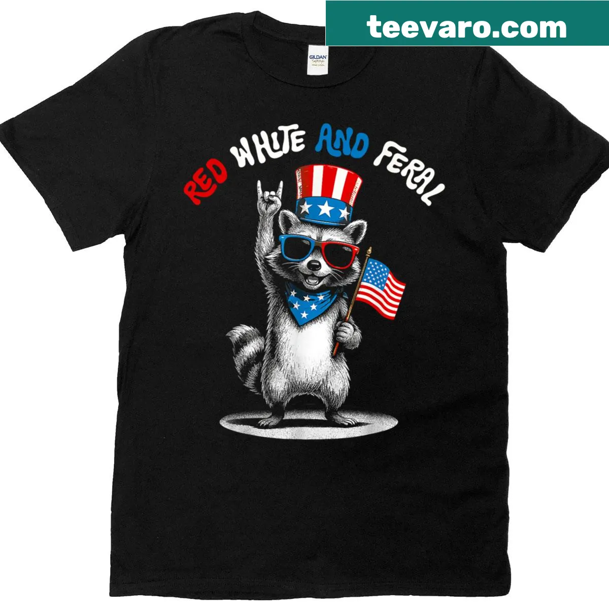 Patriotic raccoon graphic in red, white, and blue on a t-shirt — on a men's t-shirt