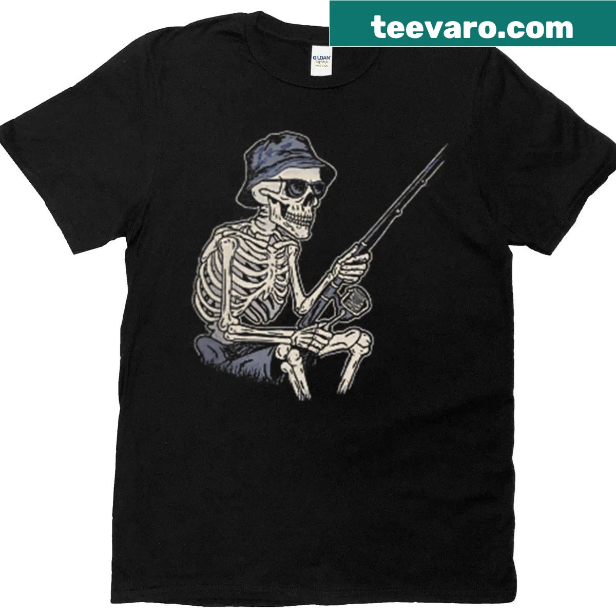 Skeleton fisherman design with 'Just One More Cast' text — on a men's t-shirt
