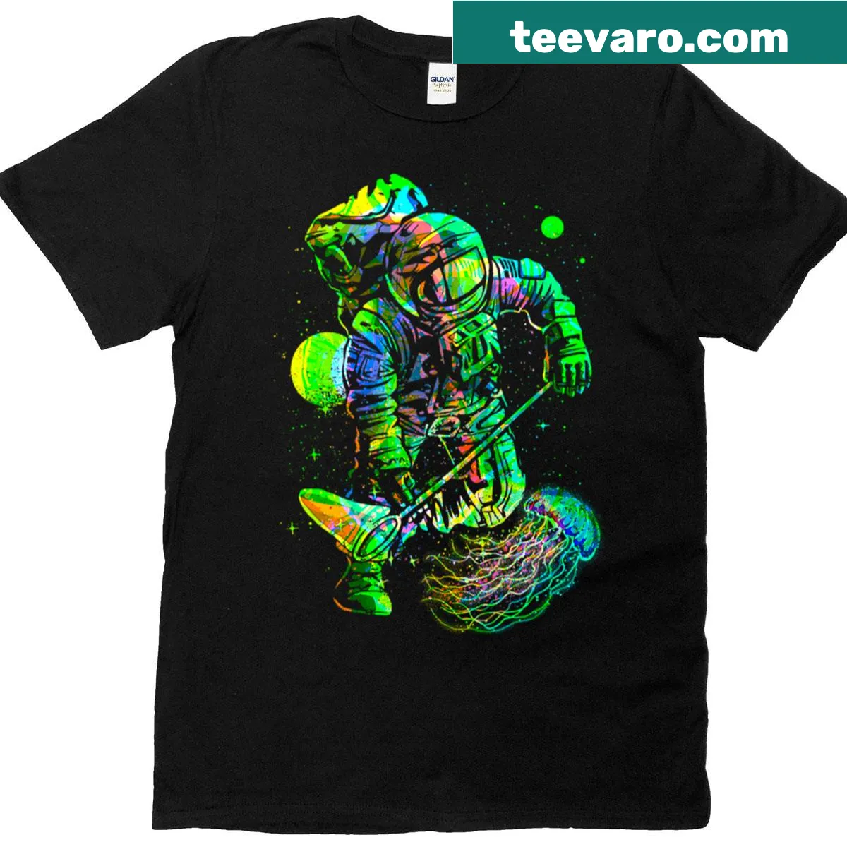 Illustrated Galactic Jelly Catcher t-shirt with jellyfish in space — on a men's t-shirt