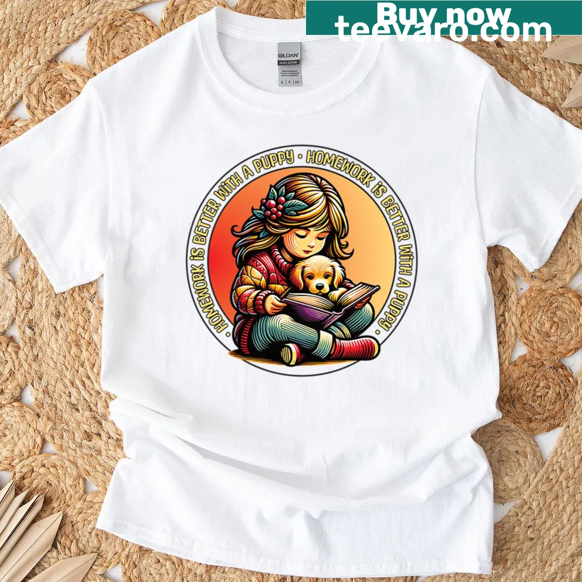 Illustration of a girl cuddling a puppy on a t-shirt — on a men's t-shirt