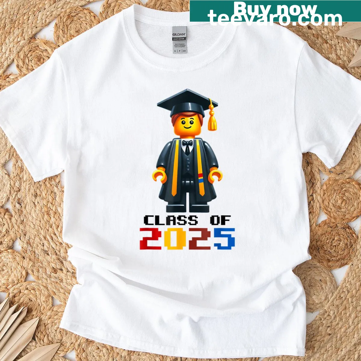 Graduation shirt featuring bricks and Master Builder text — on a men's t-shirt
