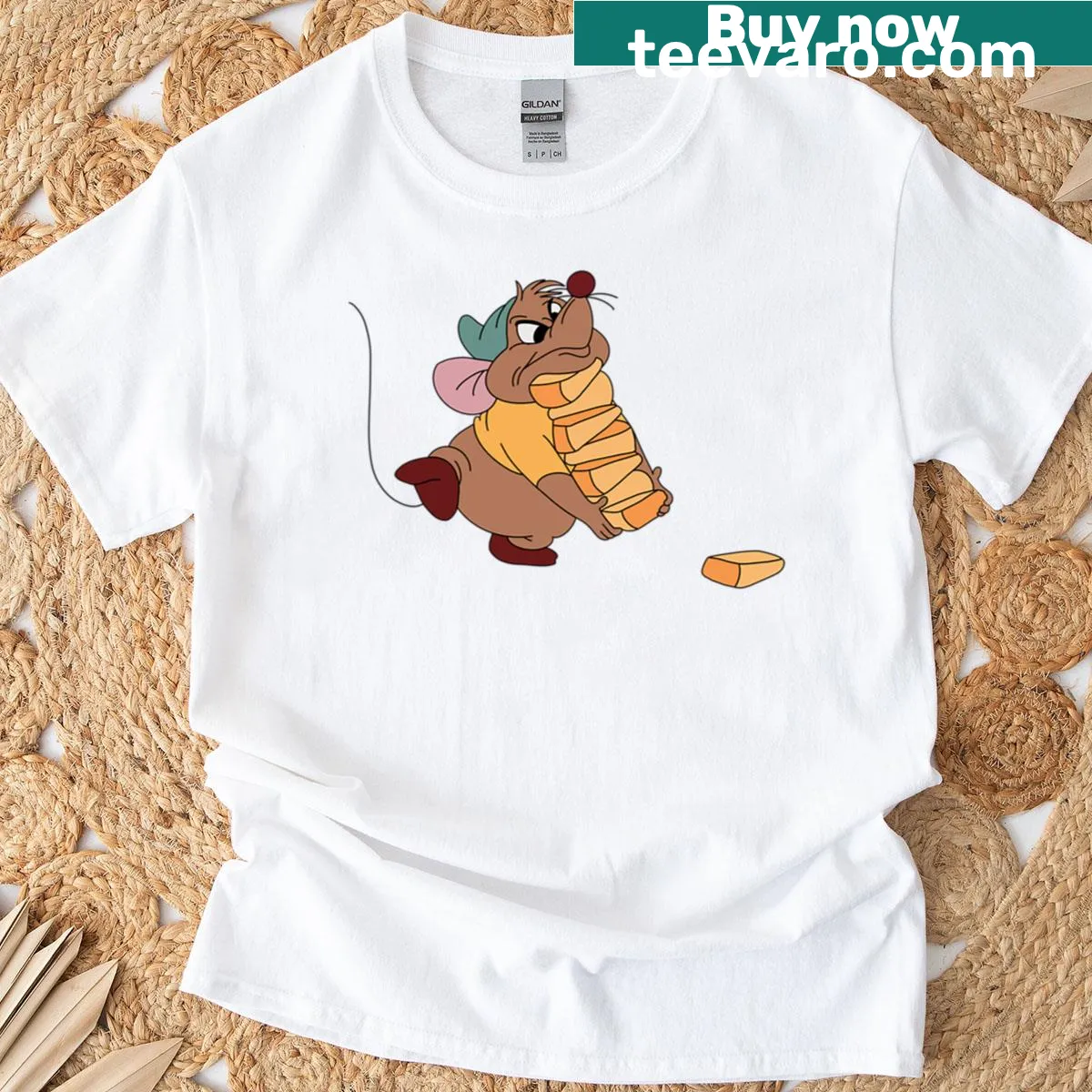Cartoon of Gus Gus with cheese graphics — on a men's t-shirt
