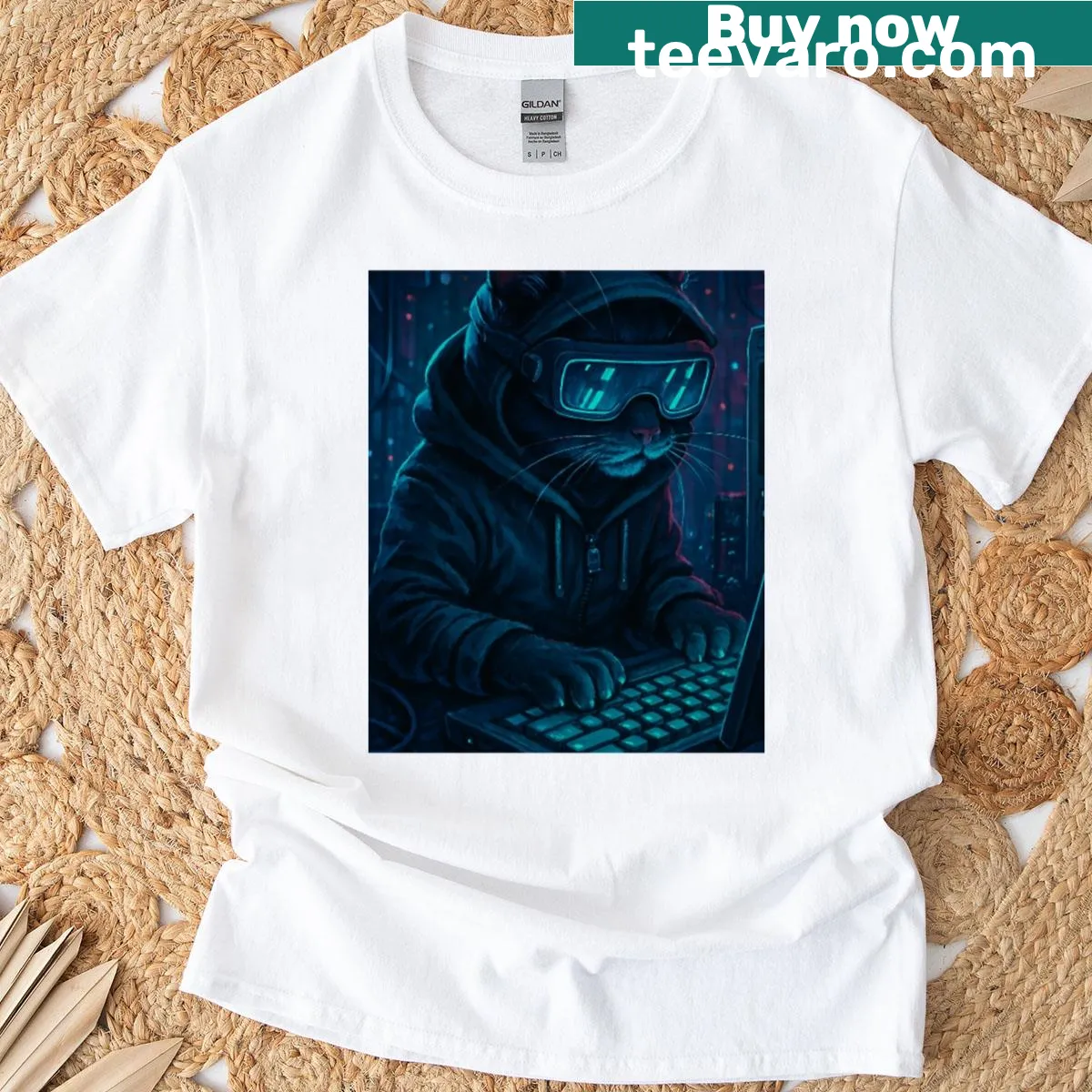 Cyberpunk hacker cat graphic t-shirt — on a men's t-shirt