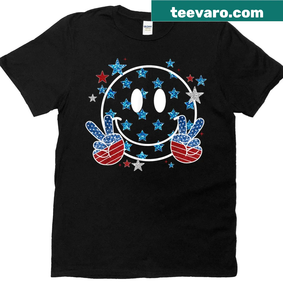 Groovy smiley face with USA flag colors for July 4th celebration — on a men's t-shirt