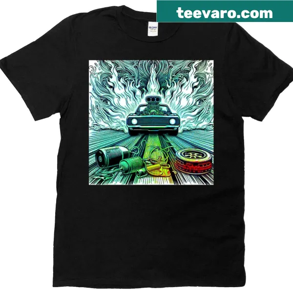 T-shirt featuring a realistic depiction of a roaring muscle car