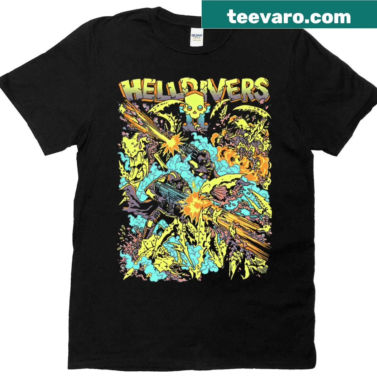 Helldivers 2 merchandise T-shirt featuring official game logo — on a men's t-shirt