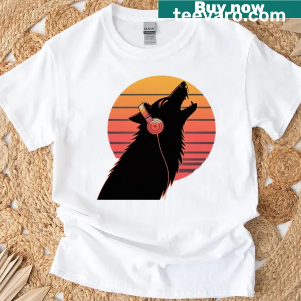 Silhouette of a howling wolf with headphones against a retro sunset.