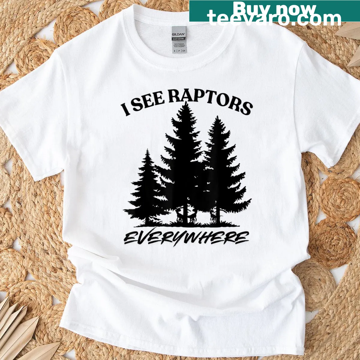 Funny graphic T-shirt for gamers featuring raptors — on a men's t-shirt