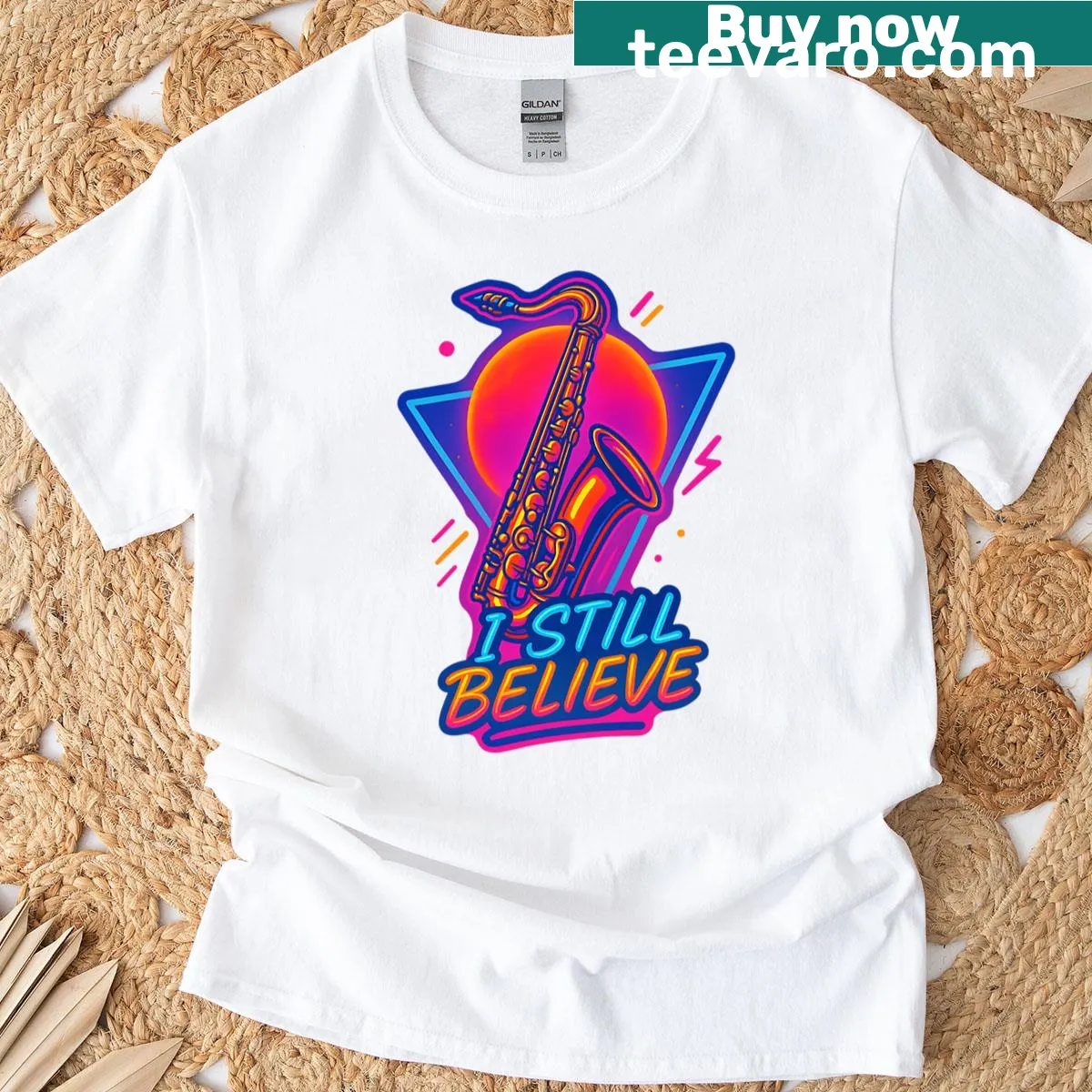 Sentimental T-shirt featuring a saxophone belief slogan — on a men's t-shirt