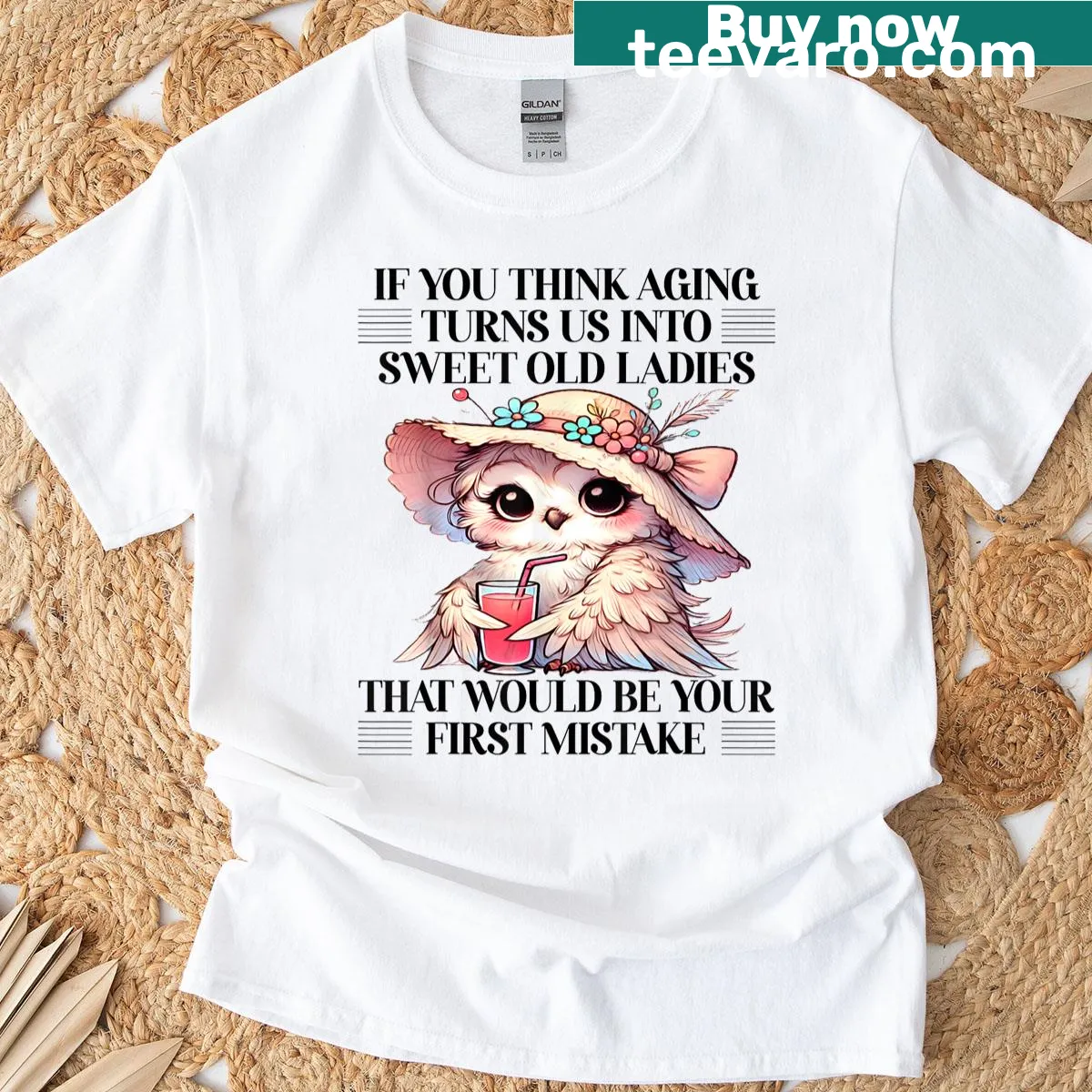 Cute illustrated owl t-shirt with a humorous aging theme — on a men's t-shirt