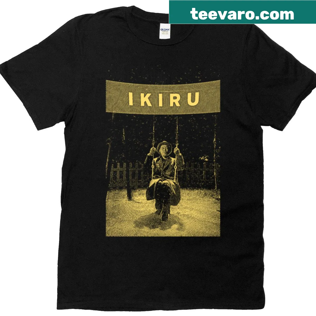 Vintage poster design featuring Ikiru and Takashi Shimura — on a men's t-shirt
