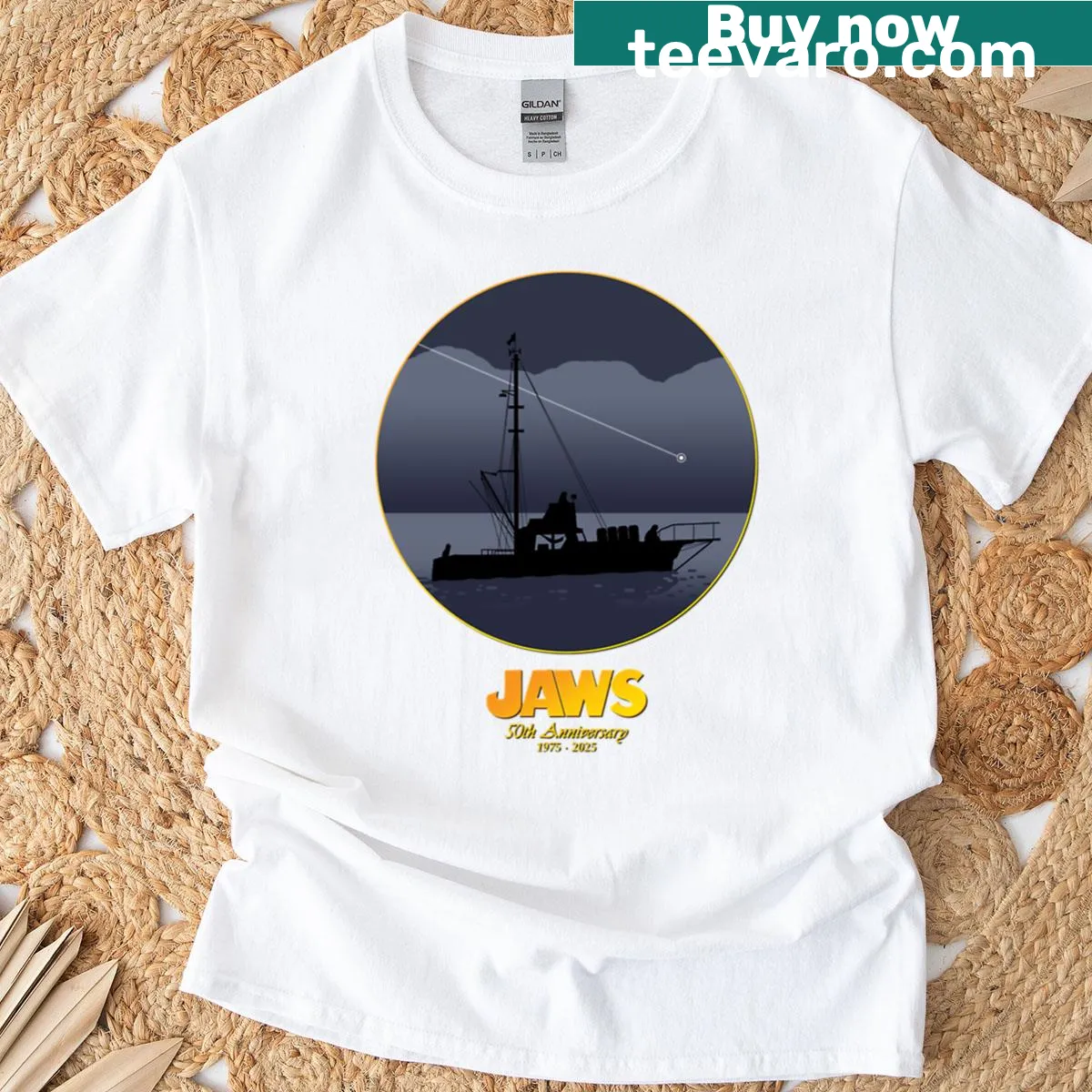 Jaws 50th Anniversary graphic t-shirt with shooting star — on a men's t-shirt