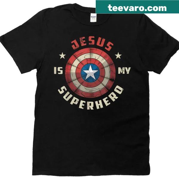 Fun T-shirt with the phrase 'Jesus Is My Superhero' in playful lettering.