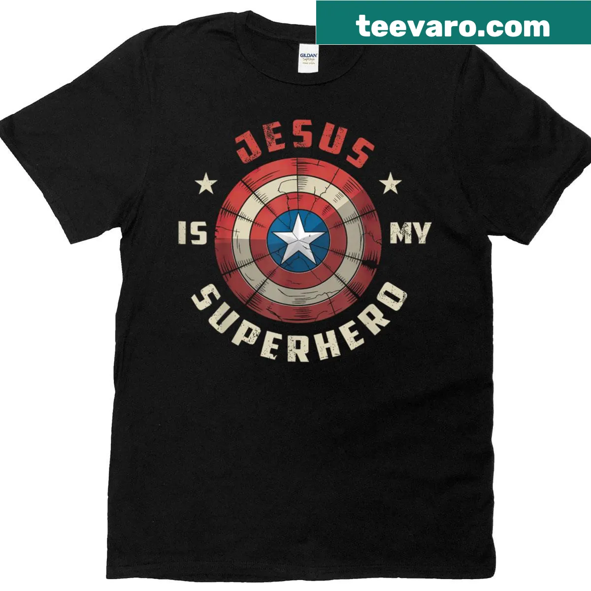 Fun T-shirt with the phrase 'Jesus Is My Superhero' in playful lettering. — on a men's t-shirt