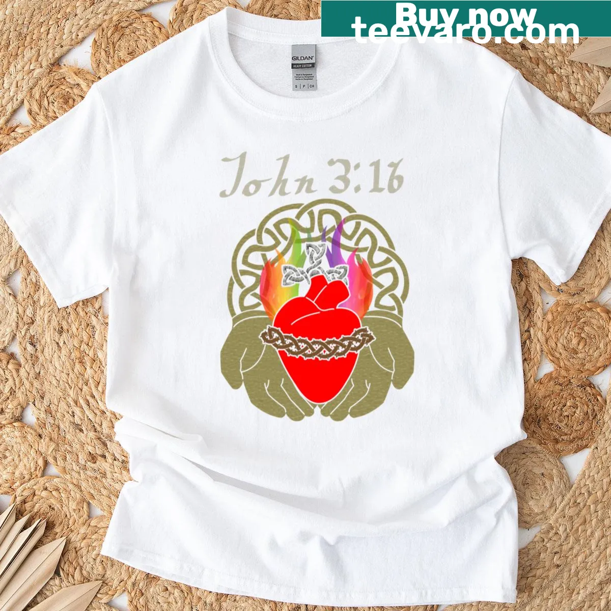 John 3:16 graphic T-shirt with a rainbow design — on a men's t-shirt