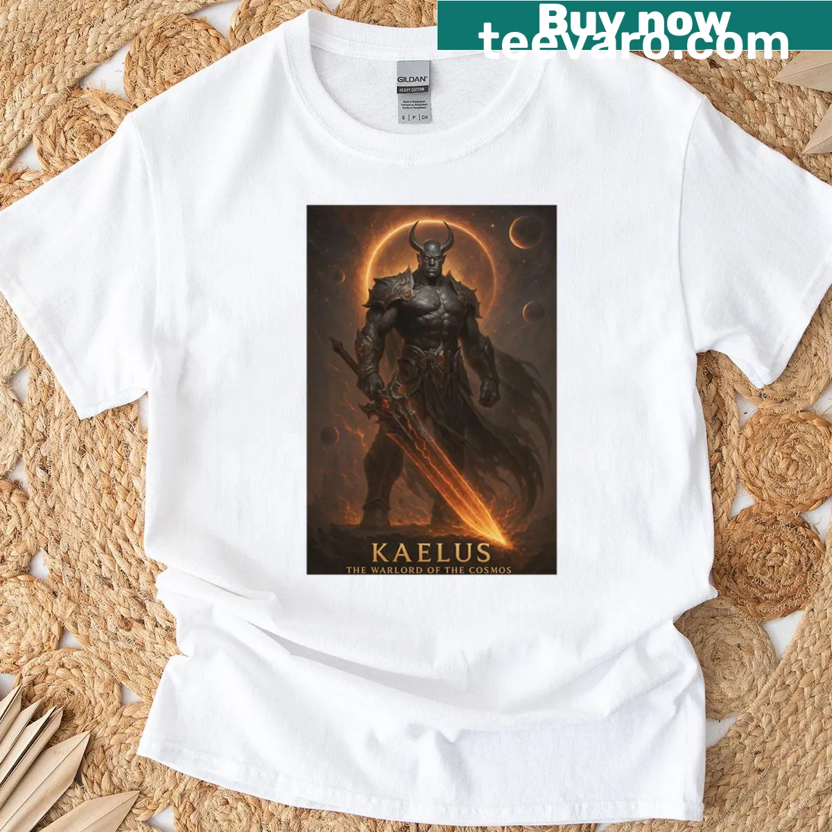 Dark fantasy warrior art T-shirt featuring Kaelus, the Warlord of the Cosmos — on a men's t-shirt