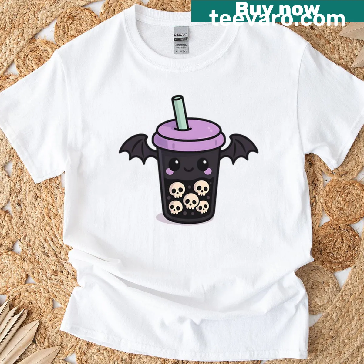 Kawaii gothic T-shirt featuring bubble tea with bat wings — on a men's t-shirt
