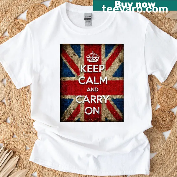 T-shirt featuring the phrase Keep Calm And Carry On in simple typography