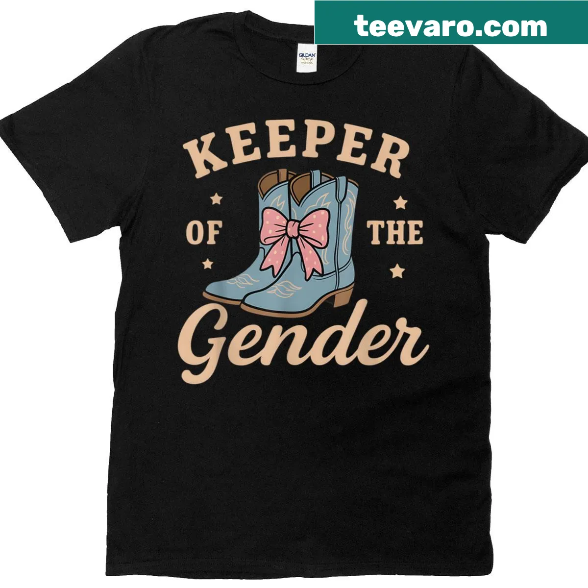 Fun gender reveal T-shirt with boots and bow graphics — on a men's t-shirt