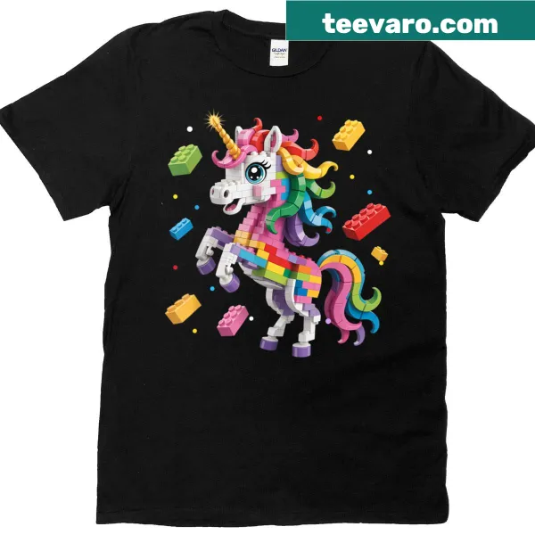 Cute T-shirt featuring a unicorn and building blocks designed for kids.