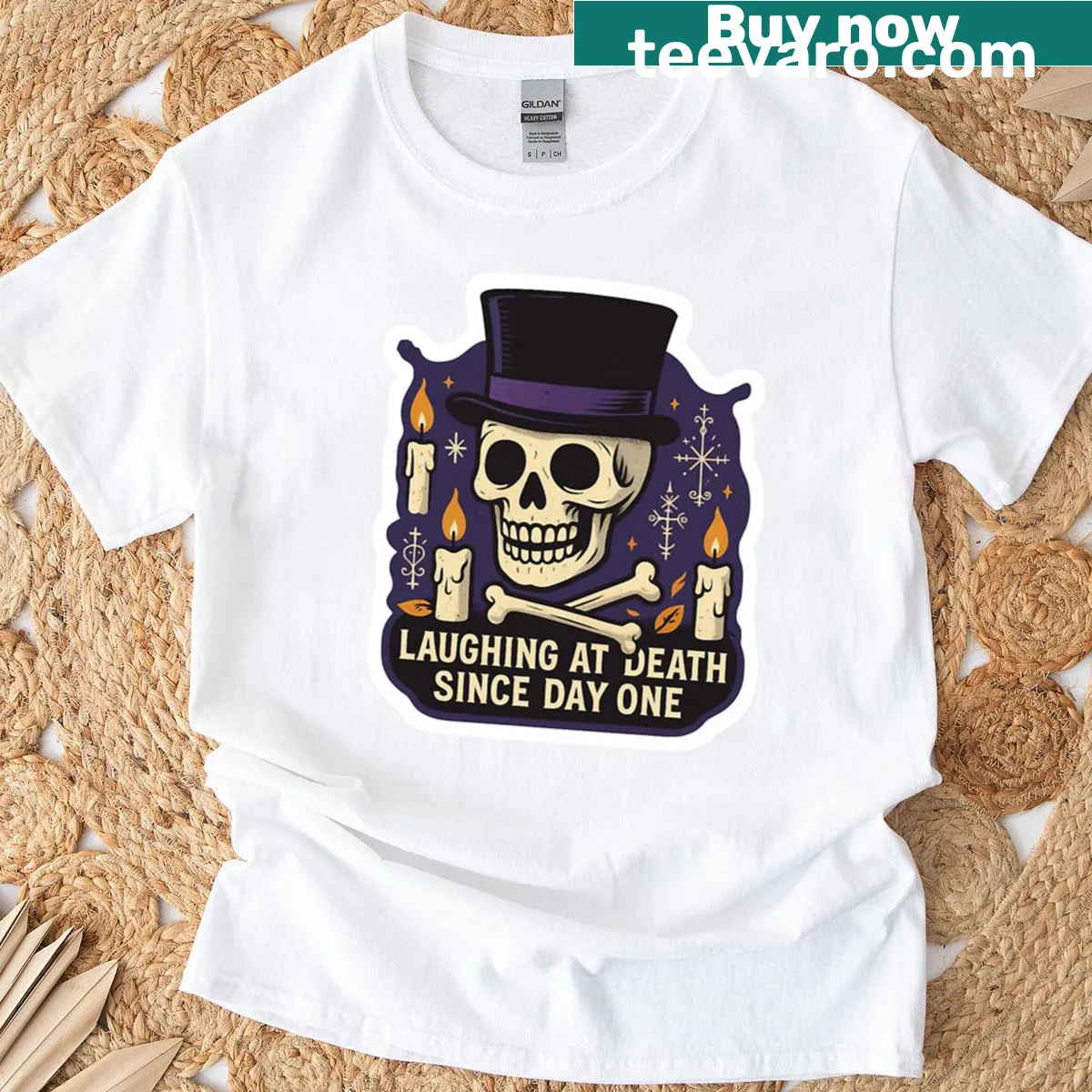 Witty graphic text about laughing at death on a T-shirt — on a men's t-shirt