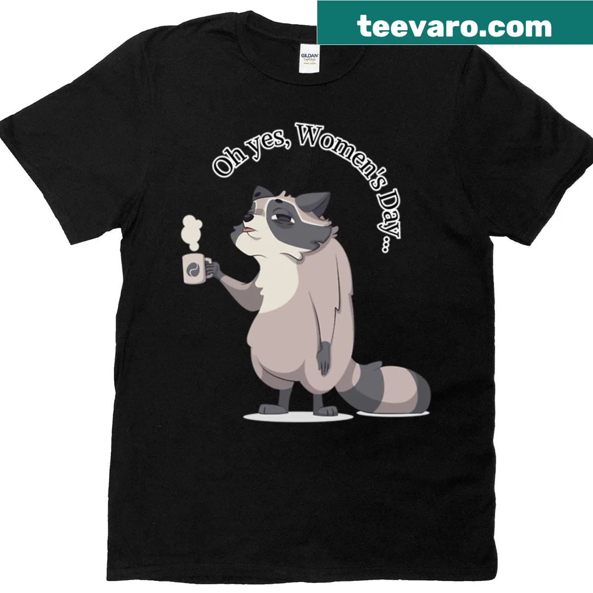 T-shirt featuring a cute raccoon with coffee graphic — on a men's t-shirt