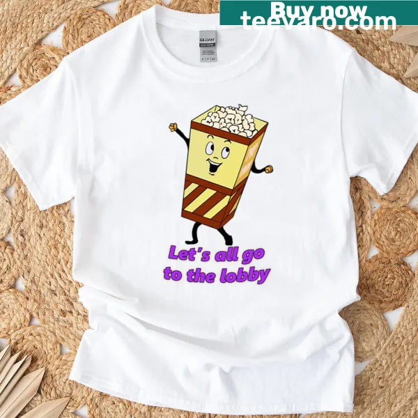 Cartoon t-shirt featuring a fun invitation to the lobby for popcorn