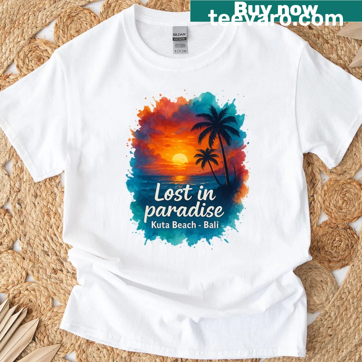 Artistic splash design representing a sunset at Kuta Beach. — on a men's t-shirt