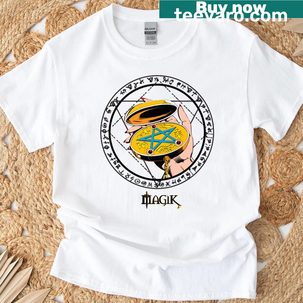 Minimalist T-shirt featuring a bloodstone amulet design — on a men's t-shirt