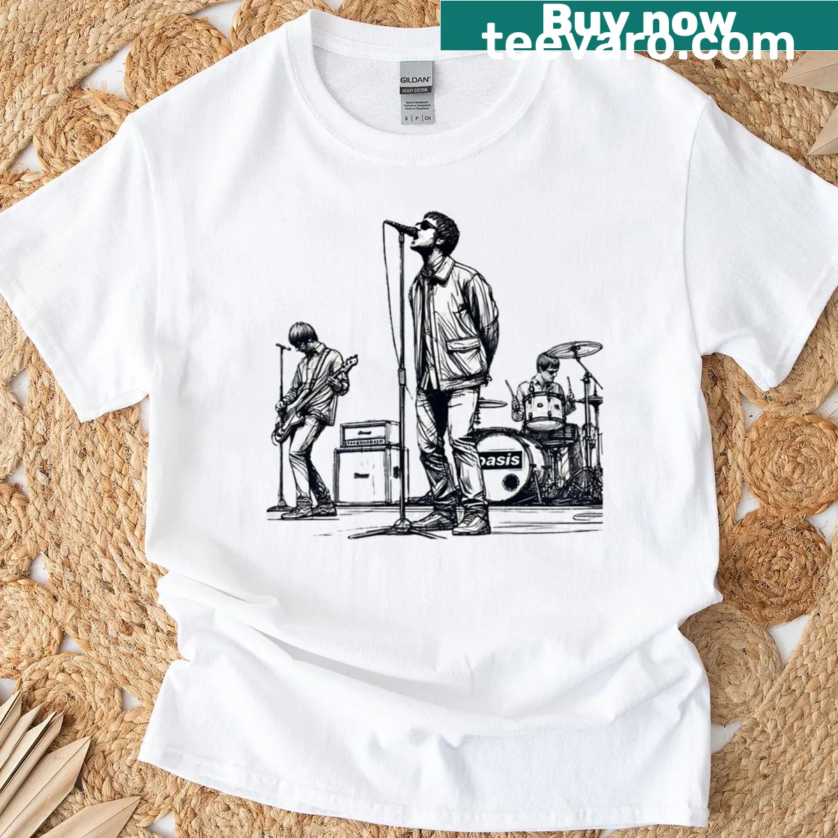Minimalist line art T-shirt featuring Oasis performing — on a men's t-shirt