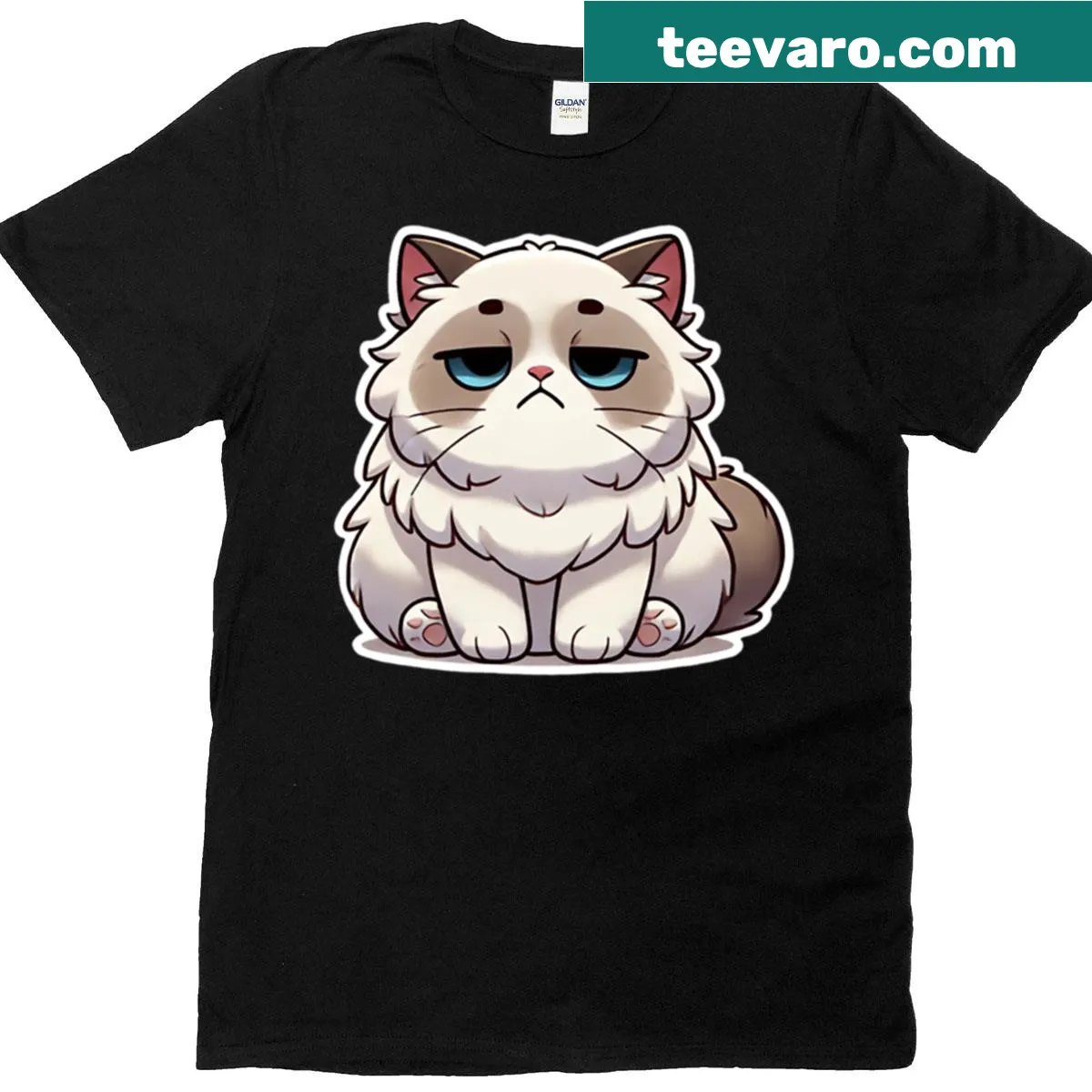 Cute sleepy cartoon cat graphic on t-shirt — on a men's t-shirt