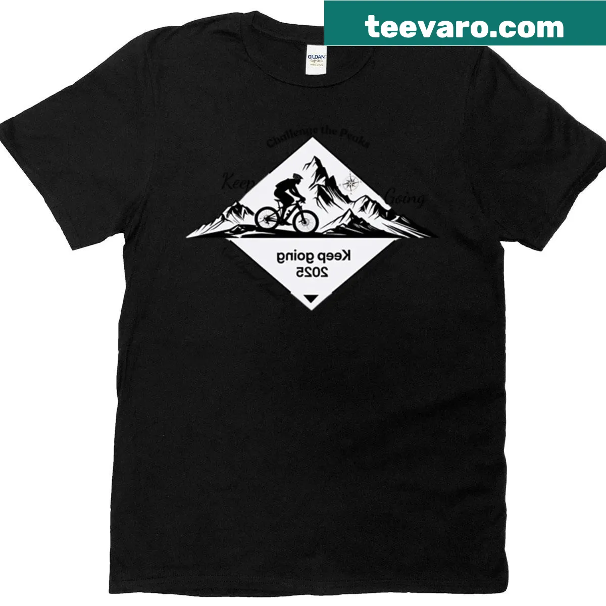 Motivational T-shirt with 'Keep Going 2025' text for mountain bikers — on a men's t-shirt