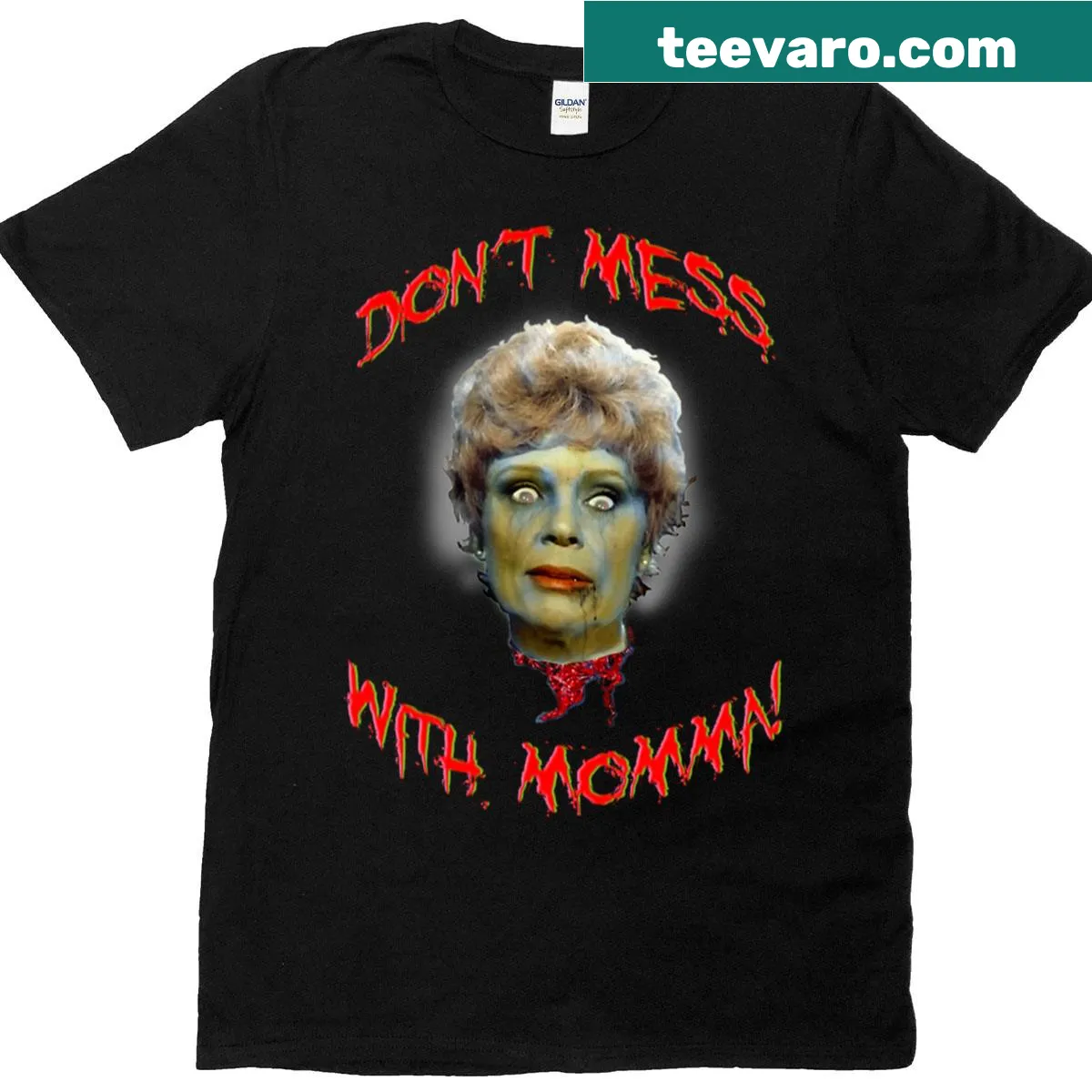Illustrated horror-themed t-shirt featuring Mrs. Voorhees — on a men's t-shirt