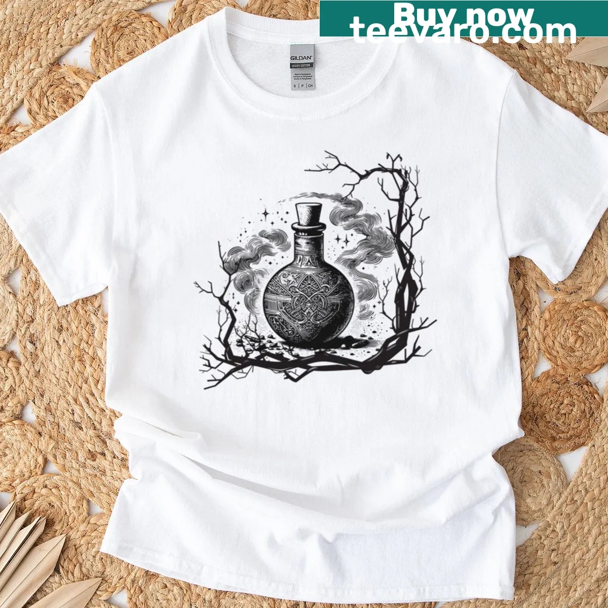 T-shirt featuring a whimsical mystic elixir design — on a men's t-shirt