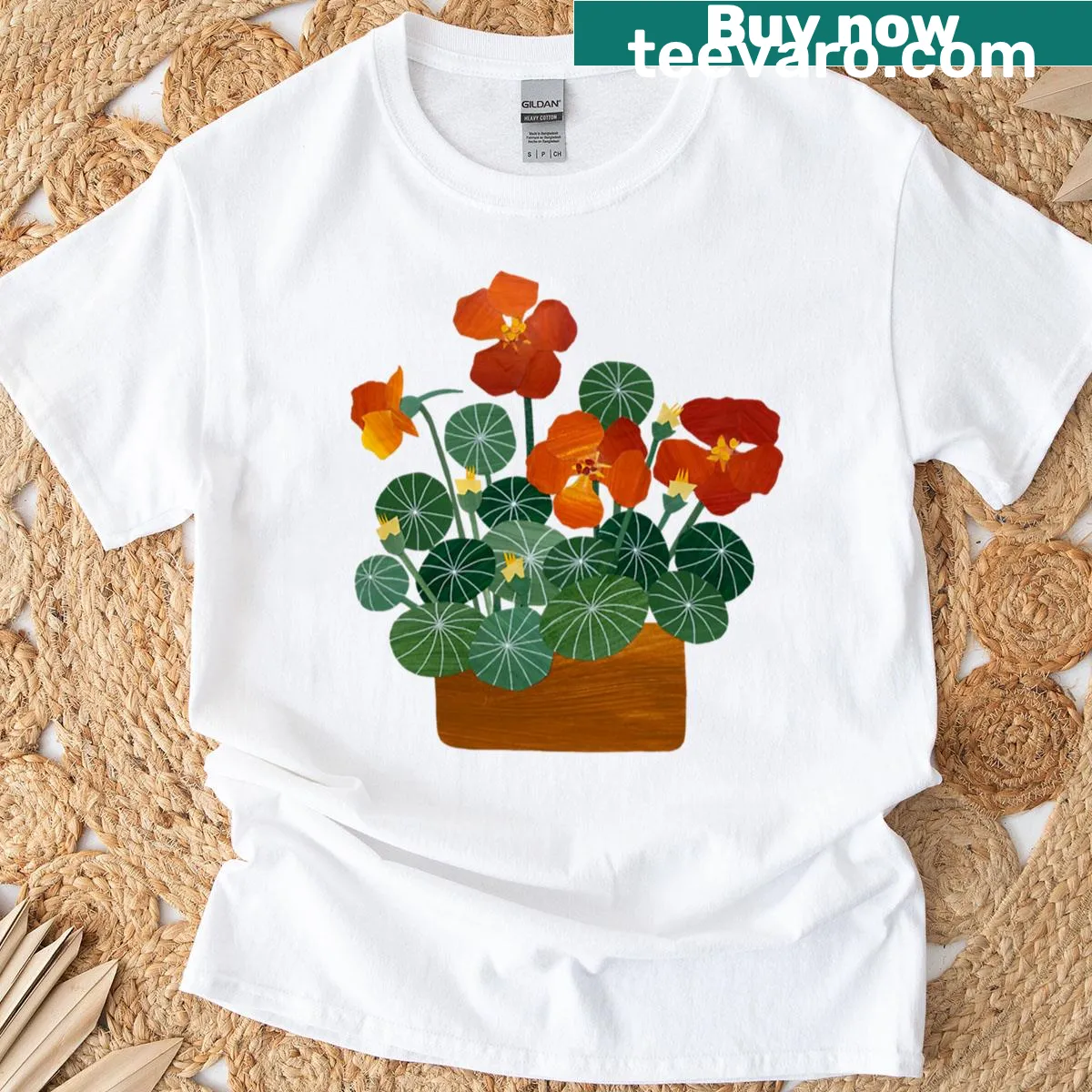 Illustration of nasturtiums in a pot on a t-shirt — on a men's t-shirt