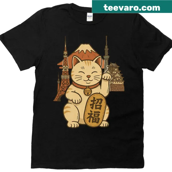 Adorable cat graphic t-shirt featuring lucky symbols