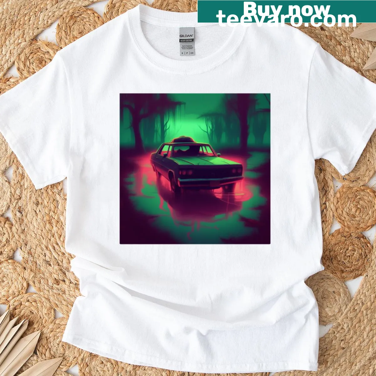 Whimsical neon bayou illustration T-shirt — on a men's t-shirt