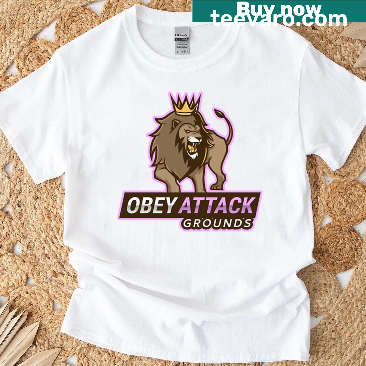 Typography design T-shirt with 'Obey Attack Grounds' slogan — on a men's t-shirt