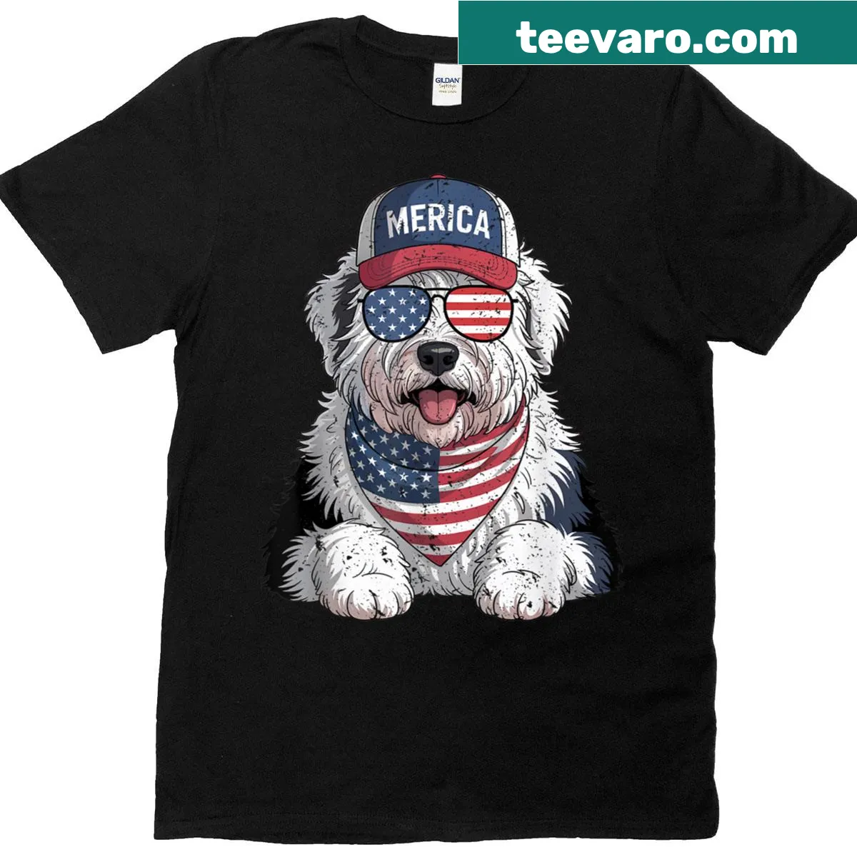 Patriotic t-shirt featuring Old English Sheepdog and American flag — on a men's t-shirt