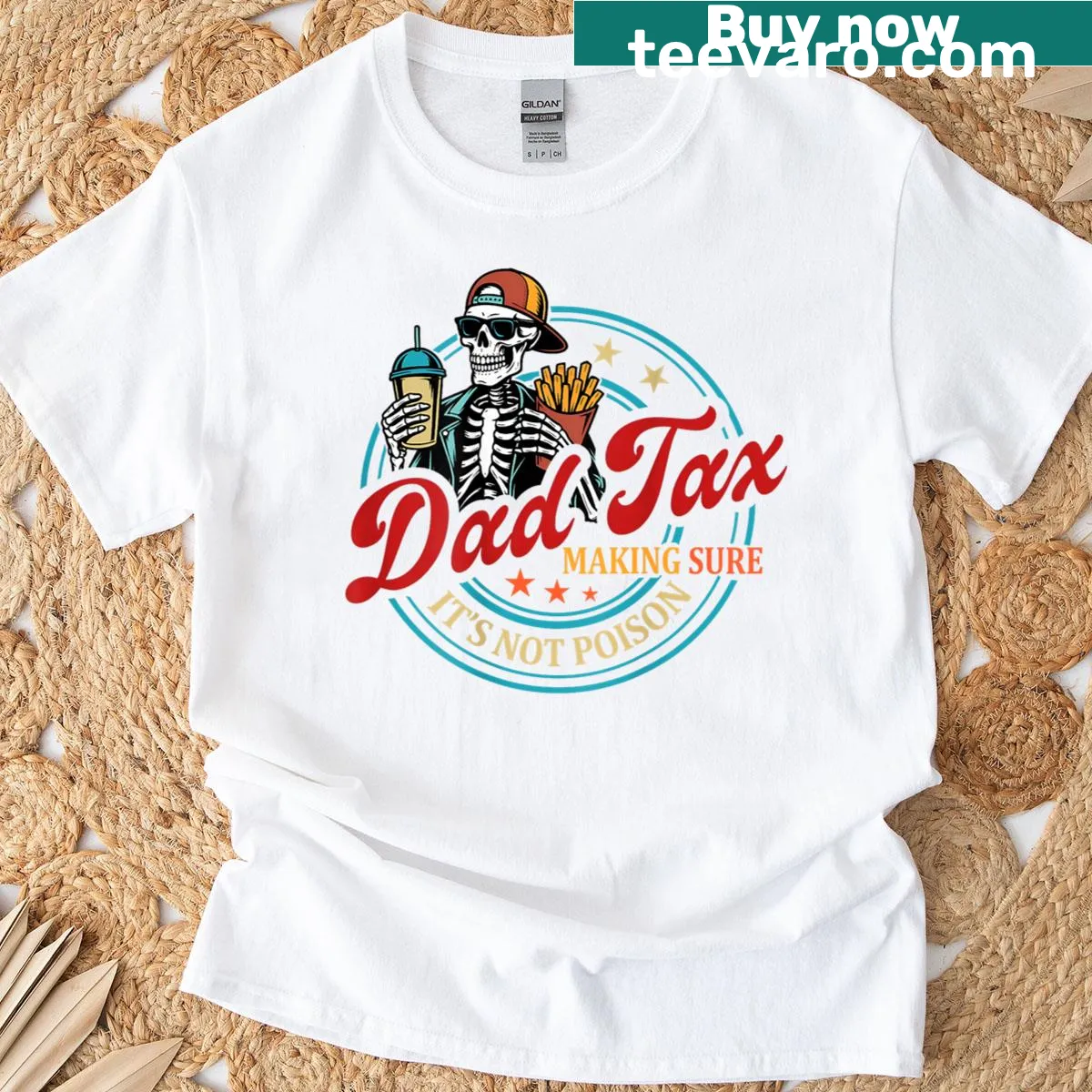 Funny skeleton design T-shirt with 'Dad Tax' slogan — on a men's t-shirt