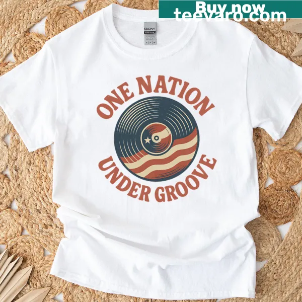 Retro vinyl design T-shirt with 'One Nation Under Groove' text