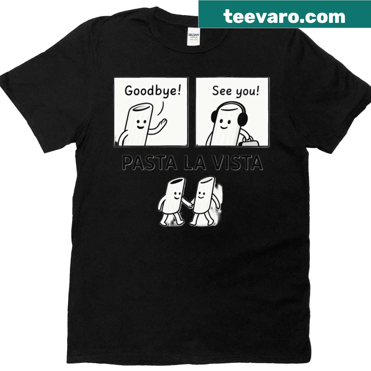 Funny Pasta La Vista graphic on casual T-shirt — on a men's t-shirt